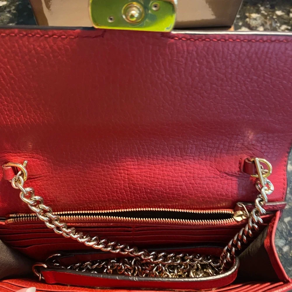 Gucci Red Vintage Wallet On Chain with Gold Tone GG Magnetic Lock Full Inclusion